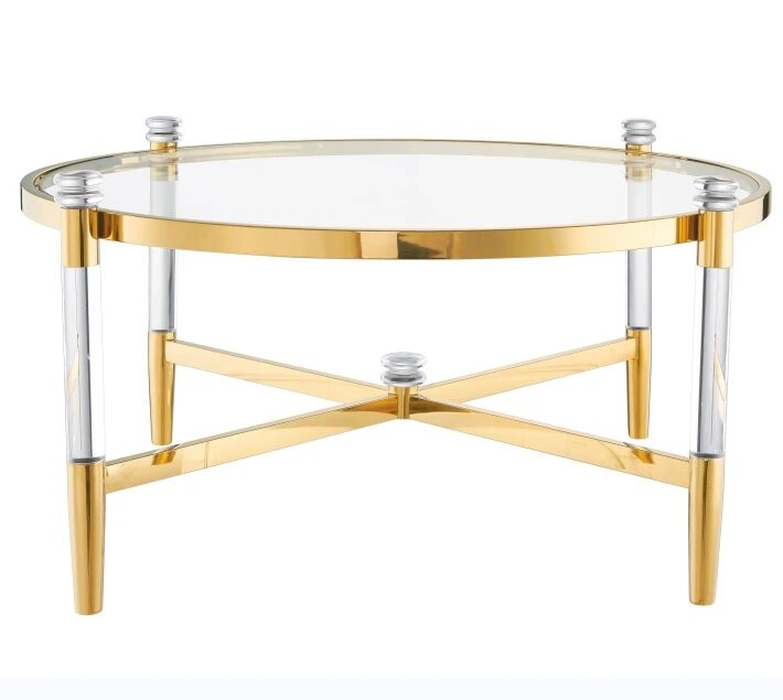Luxury Round Acrylic Coffee Table With Tempered Glass and Round Metal Gold Leg